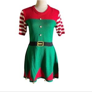 Poof New York Women's S Elf Christmas Short Sleeve Dress W/ Bells Holidays